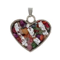 Gemstone Brass Pendants, with Natural Gravel, Heart, mixed colors 