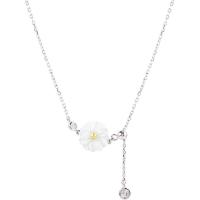 Shell Necklace, Brass, with White Shell, Flower, silver color plated, oval chain & micro pave cubic zirconia & for woman Approx 16 Inch 