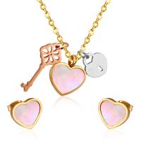 Fashion Stainless Steel Jewelry Sets, Stud Earring & necklace, with Shell, heart and key, plated, for woman .72 Inch 