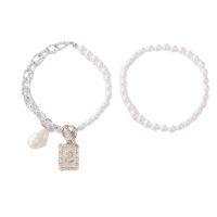Zinc Alloy Anklet, with Plastic Pearl, silver color plated, 2 pieces & fashion jewelry, two different colored 