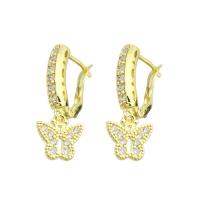 Brass Drop Earring, Butterfly, high quality gold color plated, micro pave cubic zirconia, 26mm 