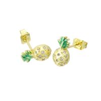 Cubic Zirconia Micro Pave Brass Earring, Pineapple, high quality gold color plated, micro pave cubic zirconia & enamel 