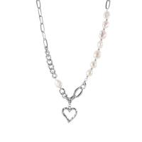 Titanium Steel Jewelry Necklace, with Plastic Pearl, Heart, twist oval chain & for woman & hollow, 20mm Approx 17.1 Inch 