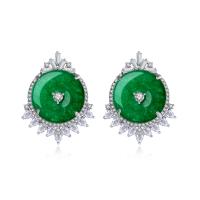 Brass Stud Earring, with Green Calcedony, platinum color plated, micro pave cubic zirconia & for woman 