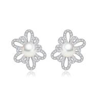 Brass Stud Earring, with Plastic Pearl, platinum color plated, micro pave cubic zirconia & for woman 