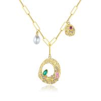 Cubic Zircon Micro Pave Brass Necklace, with Plastic Pearl, gold color plated, micro pave cubic zirconia & for woman Approx 15.74 Inch 