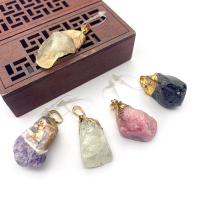 Gemstone Brass Pendants, Natural Stone, with Brass, irregular, gold color plated 17x41- 