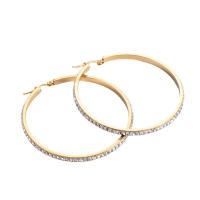 Stainless Steel Hoop Earring, Round, gold color plated, with rhinestone, golden 