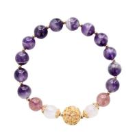 Gemstone Bracelets, Amethyst, with Moonstone & Elastic Thread & Strawberry Quartz & Brass, gold color plated, for woman & hollow 8mm 
