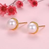Sterling Silver Natural Pearl Stud Earring, 925 Sterling Silver, with Freshwater Pearl, gold color plated, for woman & with rhinestone 