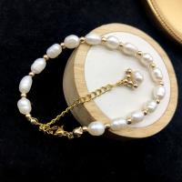 Perlen Armbänder, Natürliche kultivierte Süßwasserperlen, mit Eisen, mit Verlängerungskettchen von 1.57, goldfarben plattiert, Modeschmuck, weiß, Länge:ca. 16 cm, verkauft von Strang