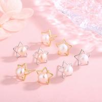 Sterling Silver Natural Pearl Stud Earring, 925 Sterling Silver, with Freshwater Pearl, Star, plated, for woman 11.2mm 