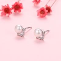 Sterling Silver Natural Pearl Stud Earring, 925 Sterling Silver, with Freshwater Pearl, plated, for woman & with rhinestone 