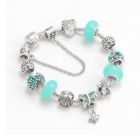 Brass Chain European Bracelets, with Lampwork, for woman & with rhinestone, turquoise blue Approx 8.26 Inch 