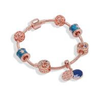 Brass Chain European Bracelets, rose gold color plated, for woman & enamel & with rhinestone, blue Approx 7.48 Inch 