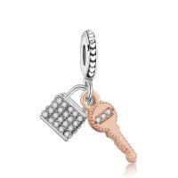 Zinc Alloy European Pendants, Key, plated, with rhinestone, two different colored 