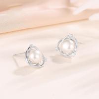 Sterling Silver Cubic Zirconia Earring, 925 Sterling Silver, with Shell Pearl & Cubic Zirconia, sterling silver post pin, platinum plated 