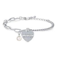 Cubic Zirconia Micro Pave Brass Bracelet, with Shell Pearl & Cubic Zirconia, with 1.18Inch extender chain, Heart, platinum plated, silver color Approx 6.3 Inch 