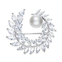 Cubic Zirconia Brooch, Brass, with Shell Pearl & Cubic Zirconia, platinum plated, white 
