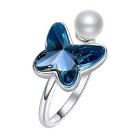 Austrian Crystal Finger Ring, 925 Sterling Silver, with Austrian Crystal, Butterfly, faceted, blue 