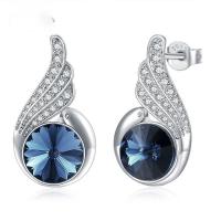 Austrian Crystal Earring, Brass, with Austrian Crystal & Cubic Zirconia, brass post pin, platinum plated, faceted, blue 