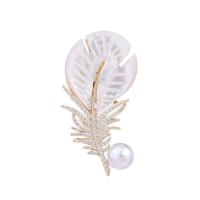 Freshwater Pearl Brooch, Brass, with Shell & Plastic Pearl, Feather, gold color plated, micro pave cubic zirconia & for woman 