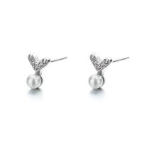 Sterling Silver Pearl Drop Earring, 925 Sterling Silver, with Shell Pearl, plated, for woman & with rhinestone 