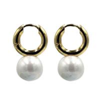 Huggie Hoop Drop Earring, Brass, with Shell Pearl, fashion jewelry & for woman 35mm 