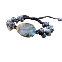 Gemstone Woven Ball Bracelets, Labradorite, with Knot Cord & Brass, gold color plated, faceted, black, 10mm Approx 9.84 Inch 