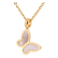 Stainless Steel Jewelry Necklace, with White Shell, Butterfly, gold color plated, oval chain & for woman Approx 17.7 Inch 