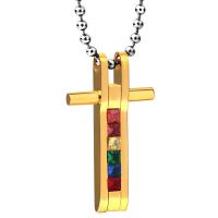 Titanium Steel Jewelry Necklace, Cross, plated, rainbow design & Unisex & with rhinestone Approx 23.6 Inch 