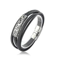 Stainless Steel Bracelet, with PU Leather, multilayer & for man, black Approx 8.46 Inch 