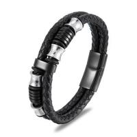 Titanium Steel Bracelet, with PU Leather, Double Layer & for man, black Approx 8.26 Inch 
