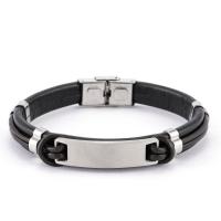 Stainless Steel Bracelet, with PU Leather, for man, black Approx 8.26 Inch 