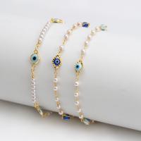 Brass Anklet, with Lampwork & Plastic Pearl, with 2.17 extender chain, Evil Eye, gold color plated, fashion jewelry & enamel .65 mm 