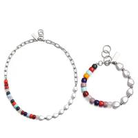 Titanium Steel Jewelry Set, with ABS Plastic Pearl & Glass Seed Beads, polished, for woman, multi-colored 