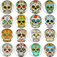 Glass Fridge Magnet, with Synthetic Resin, Round, Halloween Design & time gem jewelry & with skull pattern 
