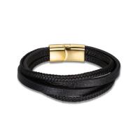 PU Leather Cord Bracelets, with Titanium Steel, gold color plated, fashion jewelry & multilayer black, 1.4cm,2.9cm 