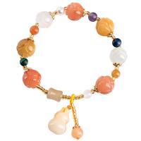 Lighter Imperial Jade Bracelet, with Gemstone & Brass, Flower, gold color plated, mixed colors Approx 6.3 Inch 