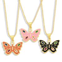 Cubic Zircon Micro Pave Brass Necklace, Butterfly, gold color plated, enamel .13 Inch 