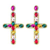 Zinc Alloy Rhinestone Drop Earring, Cross, gold color plated, for woman & with rhinestone 