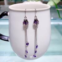 Sterling Silver Thread Through Earrings, 925 Sterling Silver, plated, fashion jewelry & for woman & with cubic zirconia, purple 