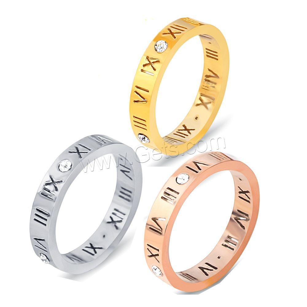 Титан Сталь палец кольцо, титан, Другое покрытие, с римская цифра & разный размер для выбора & Женский & со стразами, Много цветов для выбора, 4mm, размер:6-9, продается PC