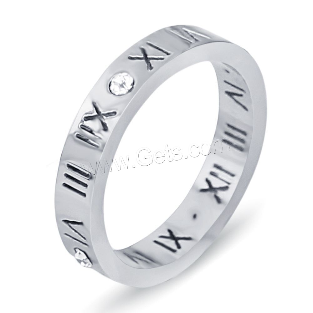 Titanium Steel Finger Ring, plated, with roman number & different size for choice & for woman & with rhinestone, more colors for choice, 4mm, US Ring Size:6-9, Sold By PC