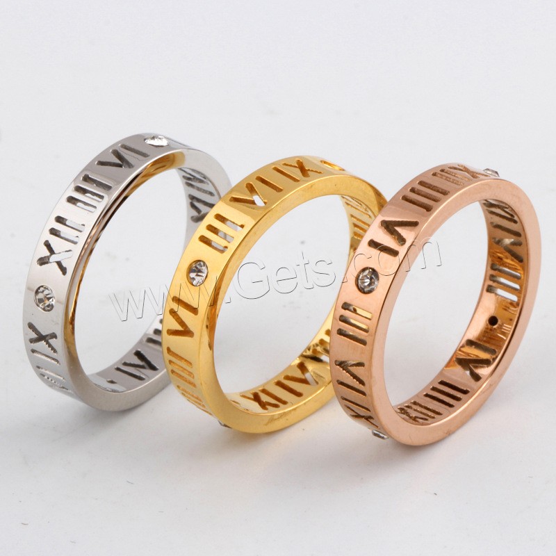 Titanium Steel Finger Ring, plated, with roman number & different size for choice & for woman & with rhinestone, more colors for choice, 4mm, US Ring Size:6-9, Sold By PC
