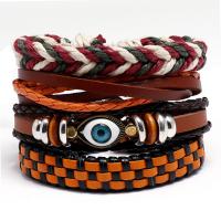 PU Leather Cord Bracelets, with Linen & Wood & Copper Coated Plastic & Zinc Alloy, plated, 4 pieces & fashion jewelry, mixed colors, 17-18CM 