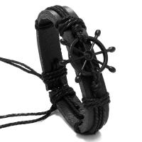 PU Leather Cord Bracelets, with Linen & Zinc Alloy, gun black plated, fashion jewelry & woven pattern 17-18CM 