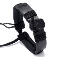 PU Leather Cord Bracelets, with Linen & Zinc Alloy, gun black plated, fashion jewelry & woven pattern, black, 17-18CM 