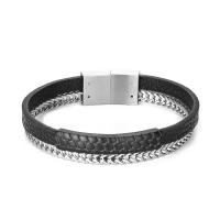 Stainless Steel Bracelet, with PU Leather, plated, Double Layer & dyed & for man 215mm 
