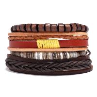 PU Leather Cord Bracelets, with Wax Cord & Wood, 4 pieces & fashion jewelry & woven pattern, mixed colors, 17-18CM 